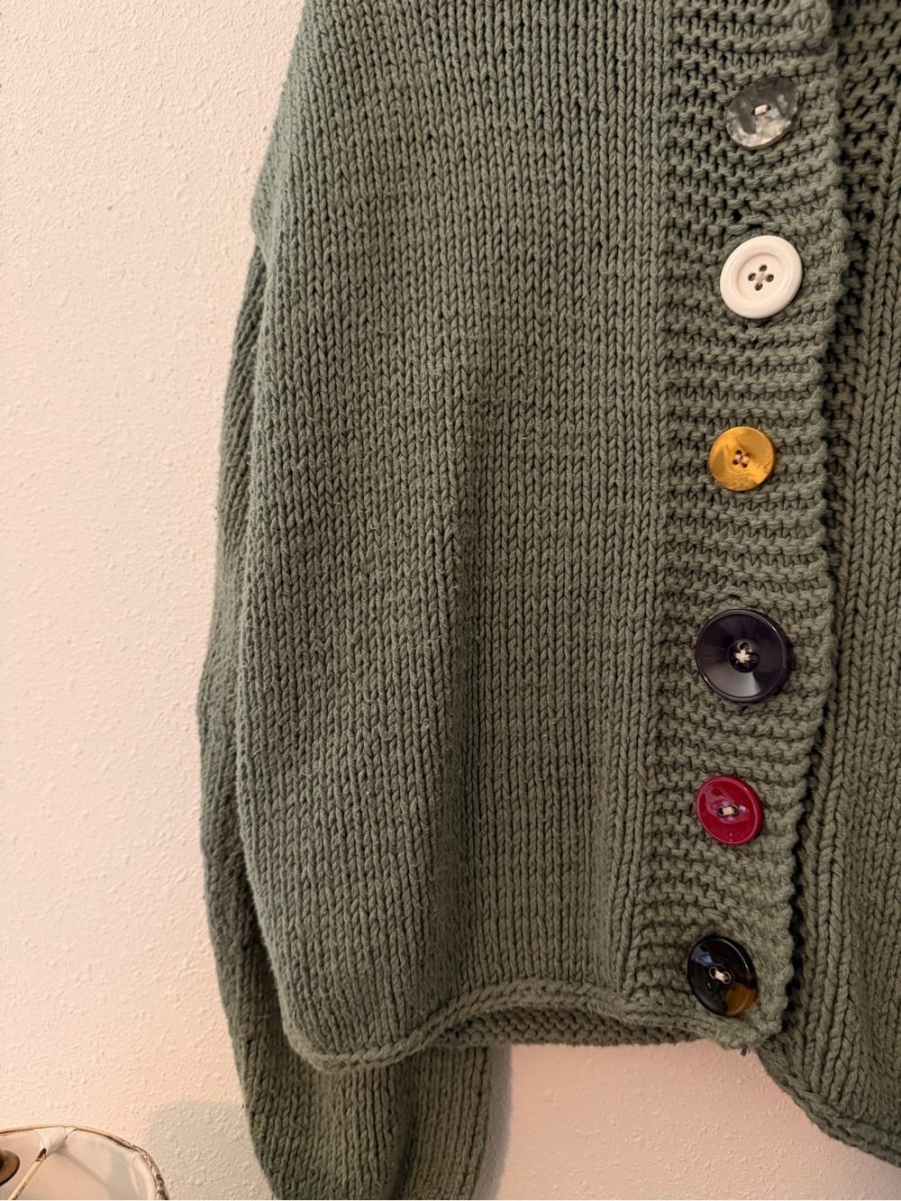Pure Olive Green Knit Cardigan with Colorful Buttons - Picture 2 of 4